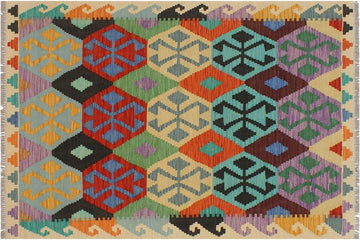 Flat Weave Kilim, Antique, Navaho, Vintage, Handmade, Geometric Kilim Blue Beige Hand-Woven Rectangle 100% Wool Area Rug 3 x 5